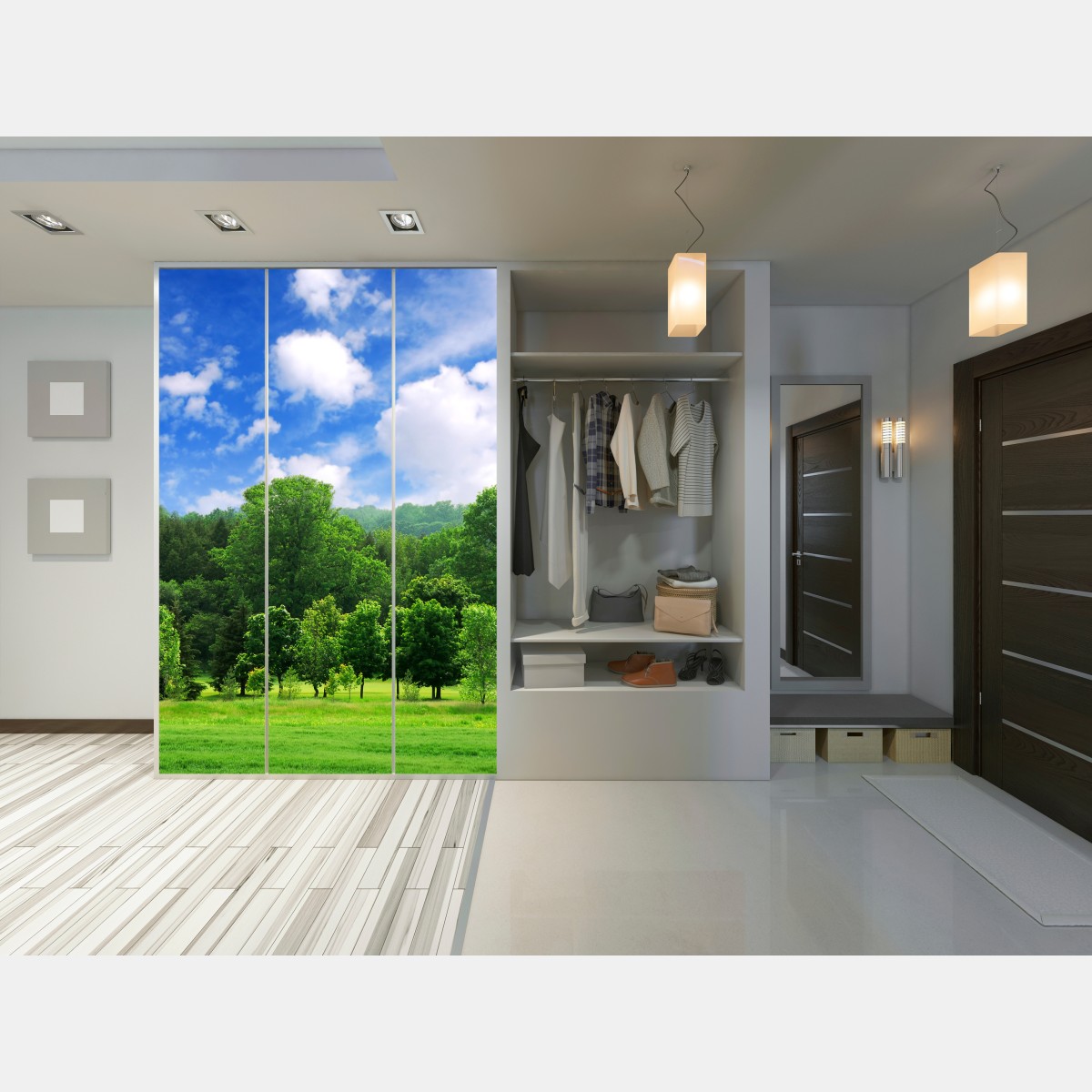 Naklejka na szafę letni zielony las pod niebieskim niebem – Wallissimo® Naklejka na szafę letni zielony las pod niebieskim niebem – Wallissimo®