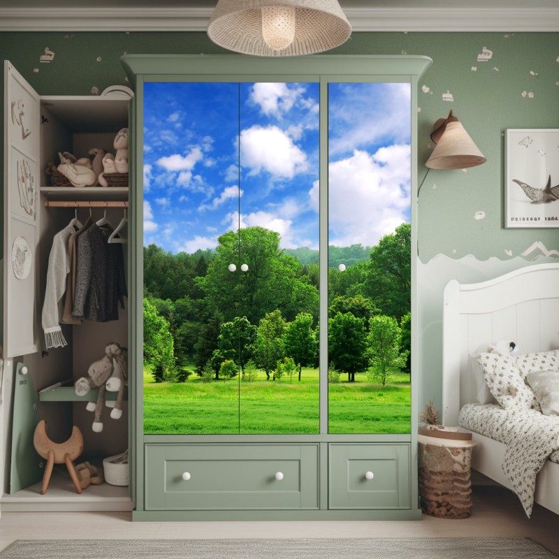 Naklejka na szafę letni zielony las pod niebieskim niebem – Wallissimo® Naklejka na szafę letni zielony las pod niebieskim niebem – Wallissimo®