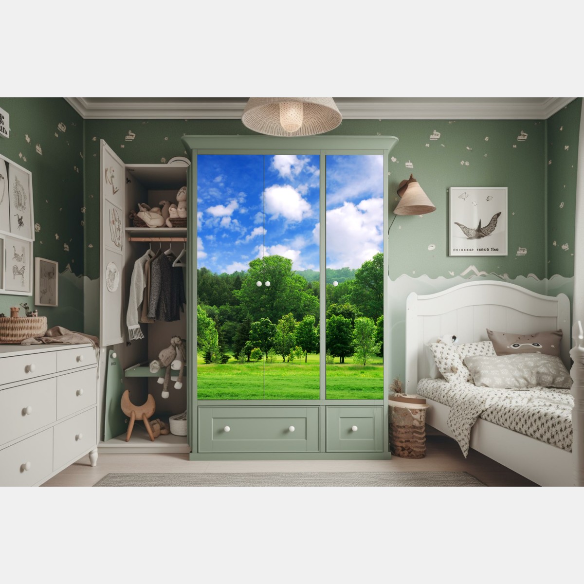 Naklejka na szafę letni zielony las pod niebieskim niebem – Wallissimo® Naklejka na szafę letni zielony las pod niebieskim niebem – Wallissimo®