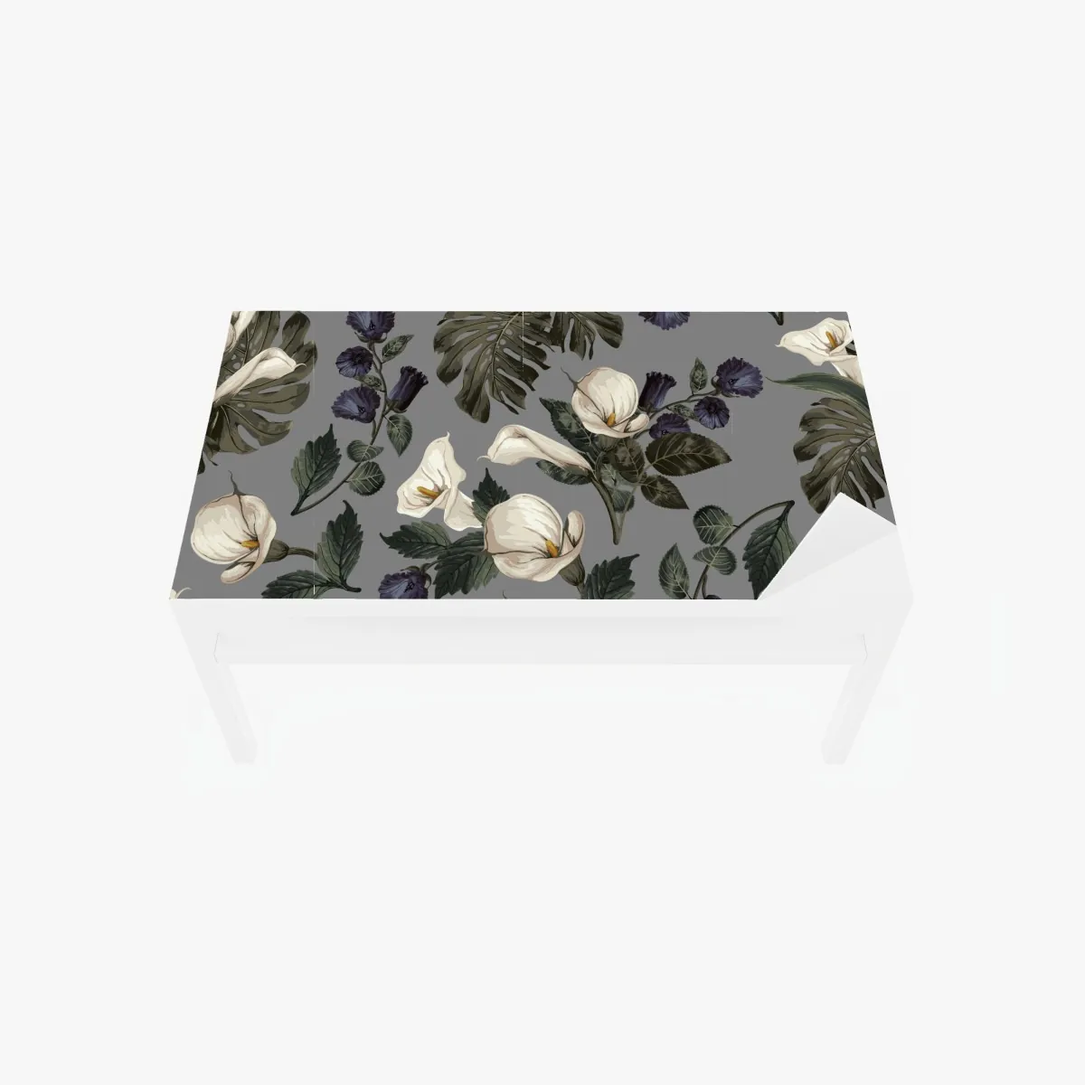 Naklejka na biurko i stół botaniczny wzór: delikatne kalie i liście monstery na szarym tle – Wallissimo® Naklejka na biurko i stół botaniczny wzór: delikatne kalie i liście monstery na szarym tle – Wallissimo®