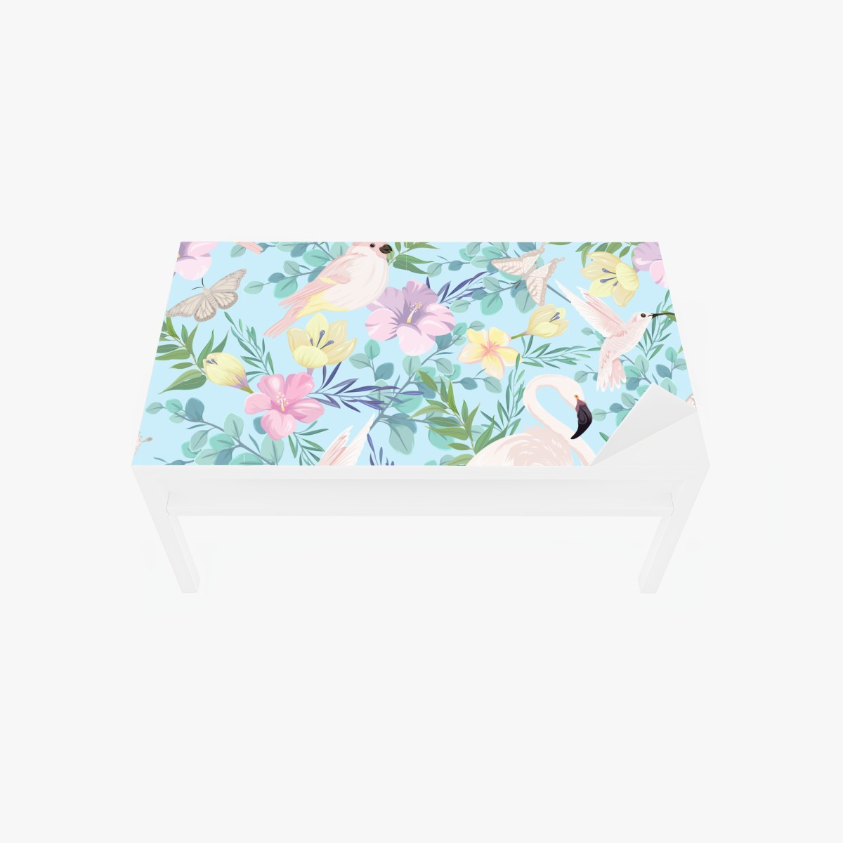 Table & desk veneer pastel tropical birds and floral pattern