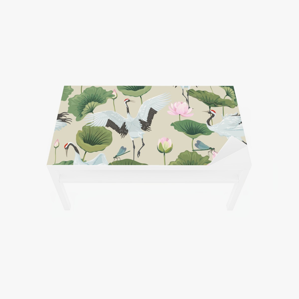 Table & desk veneer elegant crane and lotus botanical pattern