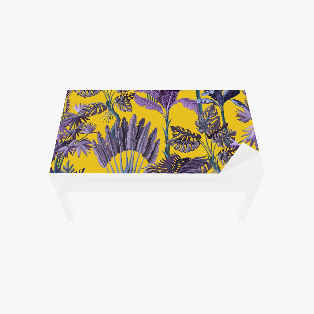 Table & desk veneer tropical purple foliage on yellow background