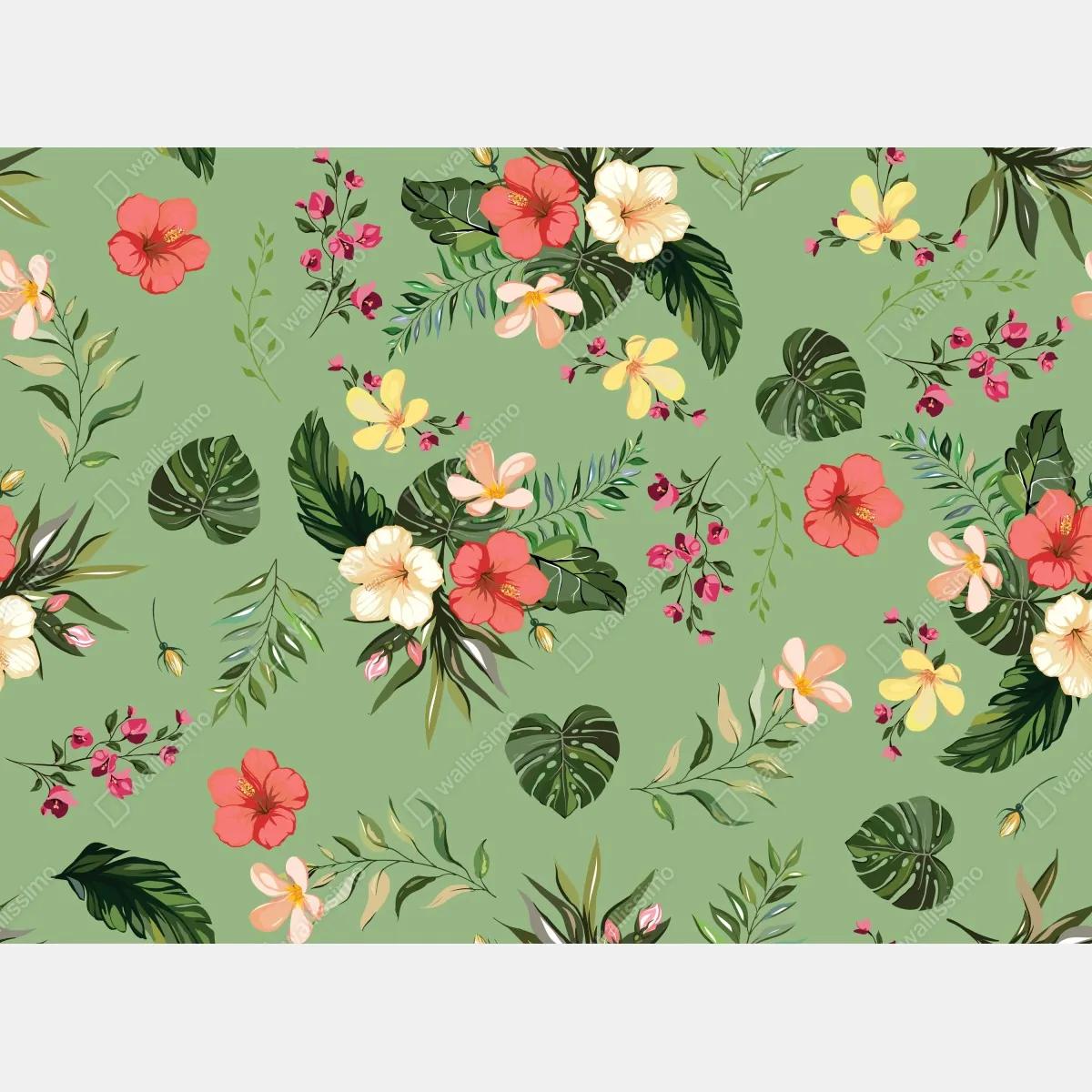 Naklejka na biurko i stół zielony tropikalny wzór hibiskusa – Wallissimo® Naklejka na biurko i stół zielony tropikalny wzór hibiskusa – Wallissimo®