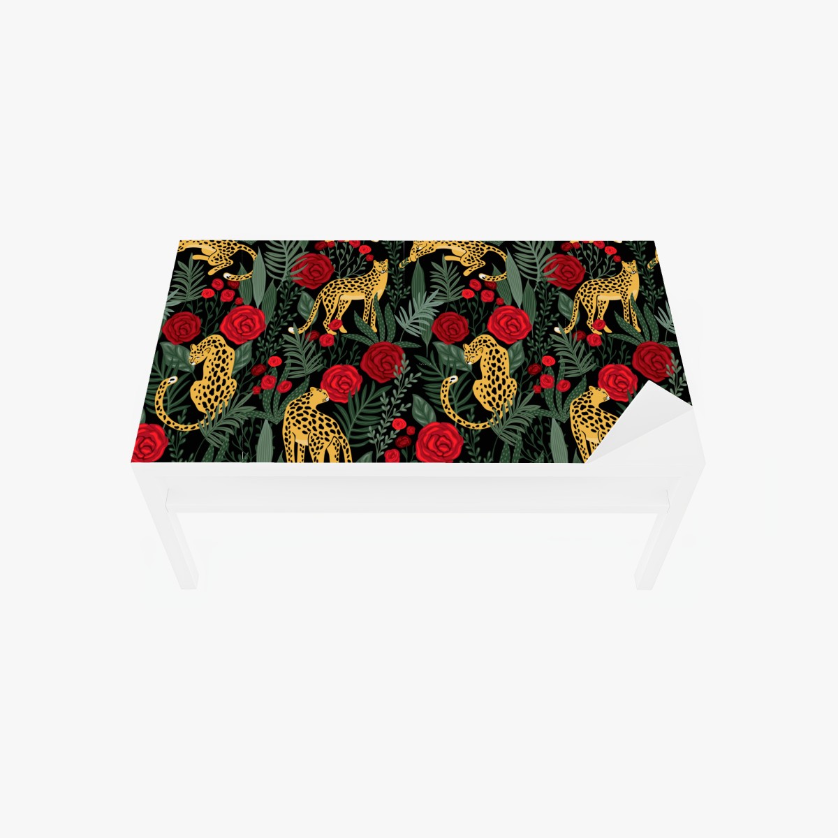 Table & desk veneer golden leopards and red roses pattern