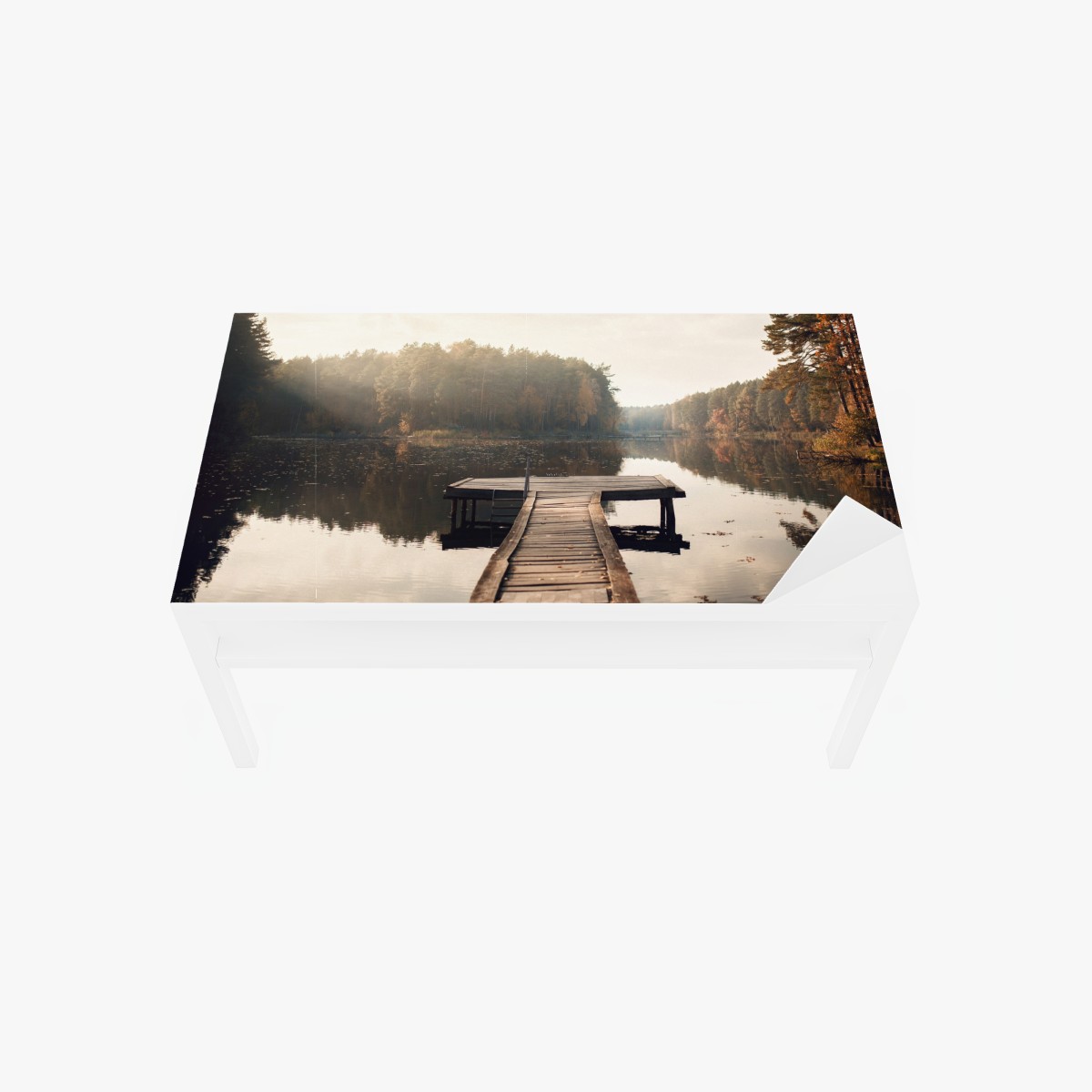 Table & desk veneer autumn morning at the lakeside dock