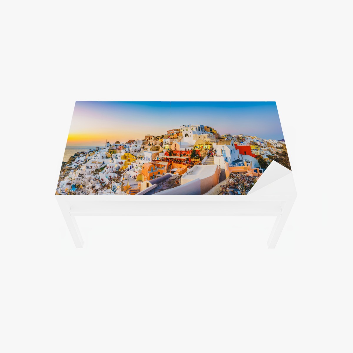 Table & desk veneer sunset over Santorini village panoramic view