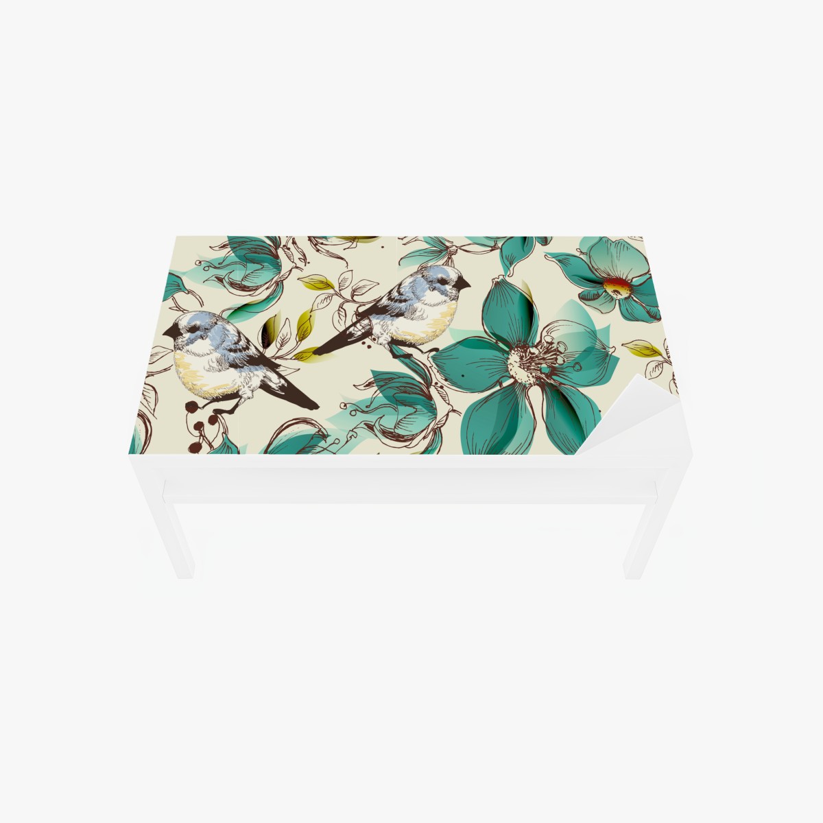 Table & desk veneer retro teal floral and bird pattern