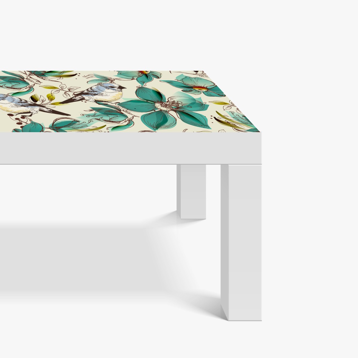 Naklejka na biurko i stół retro miętowy wzór kwiatów i ptaków – Wallissimo® Naklejka na biurko i stół retro miętowy wzór kwiatów i ptaków – Wallissimo®