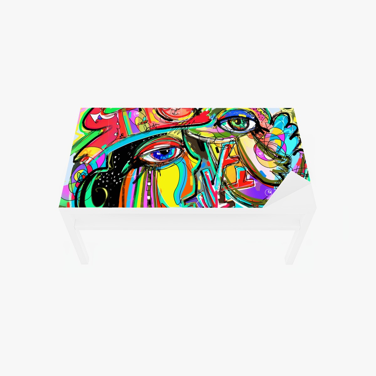 Table & desk veneer vibrant abstract faces with cat and bird