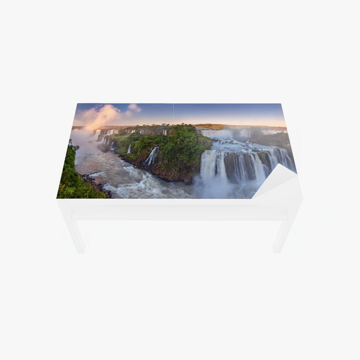Table & desk veneer misty waterfall panorama in lush forest