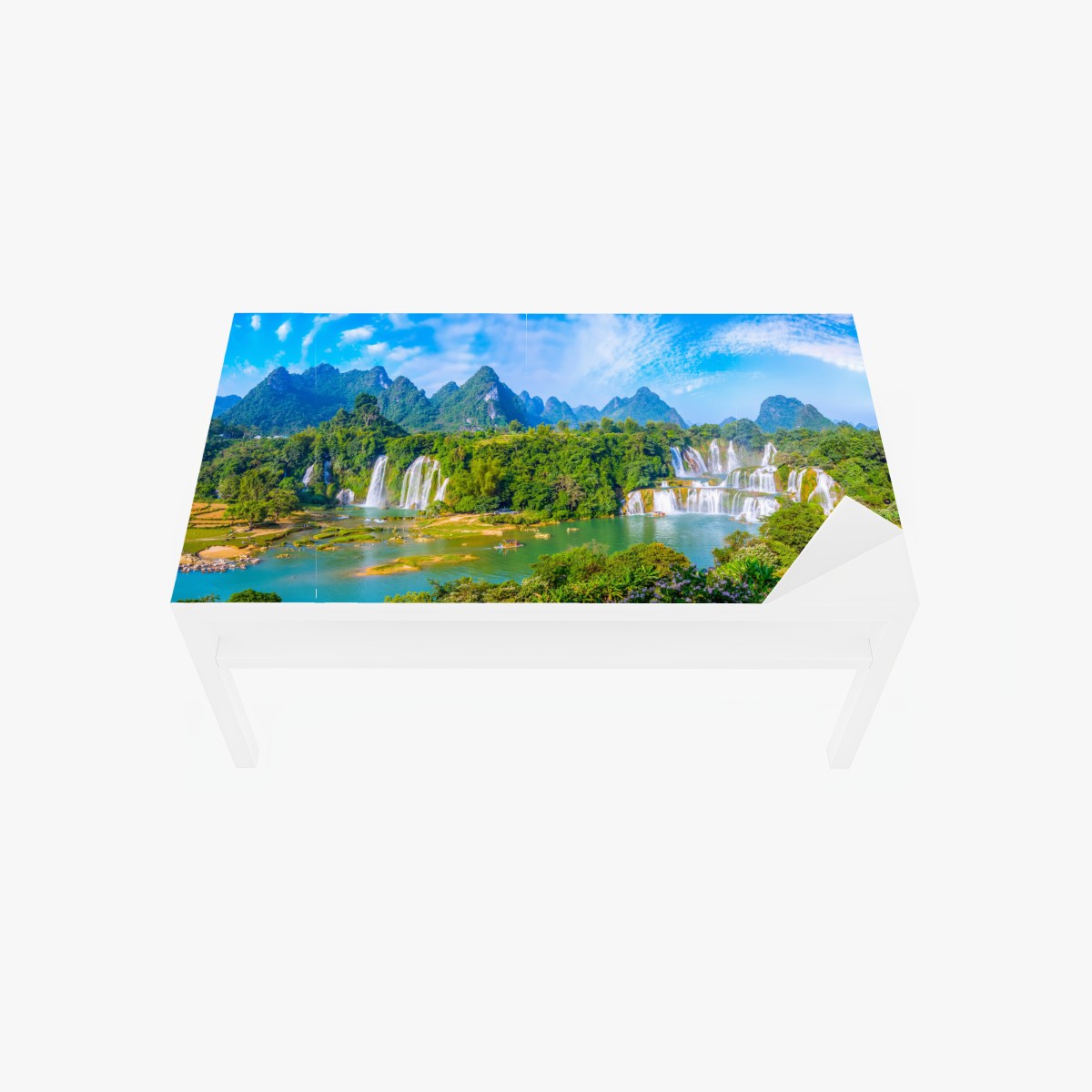 Table & desk veneer lush waterfall panorama with karst mountains