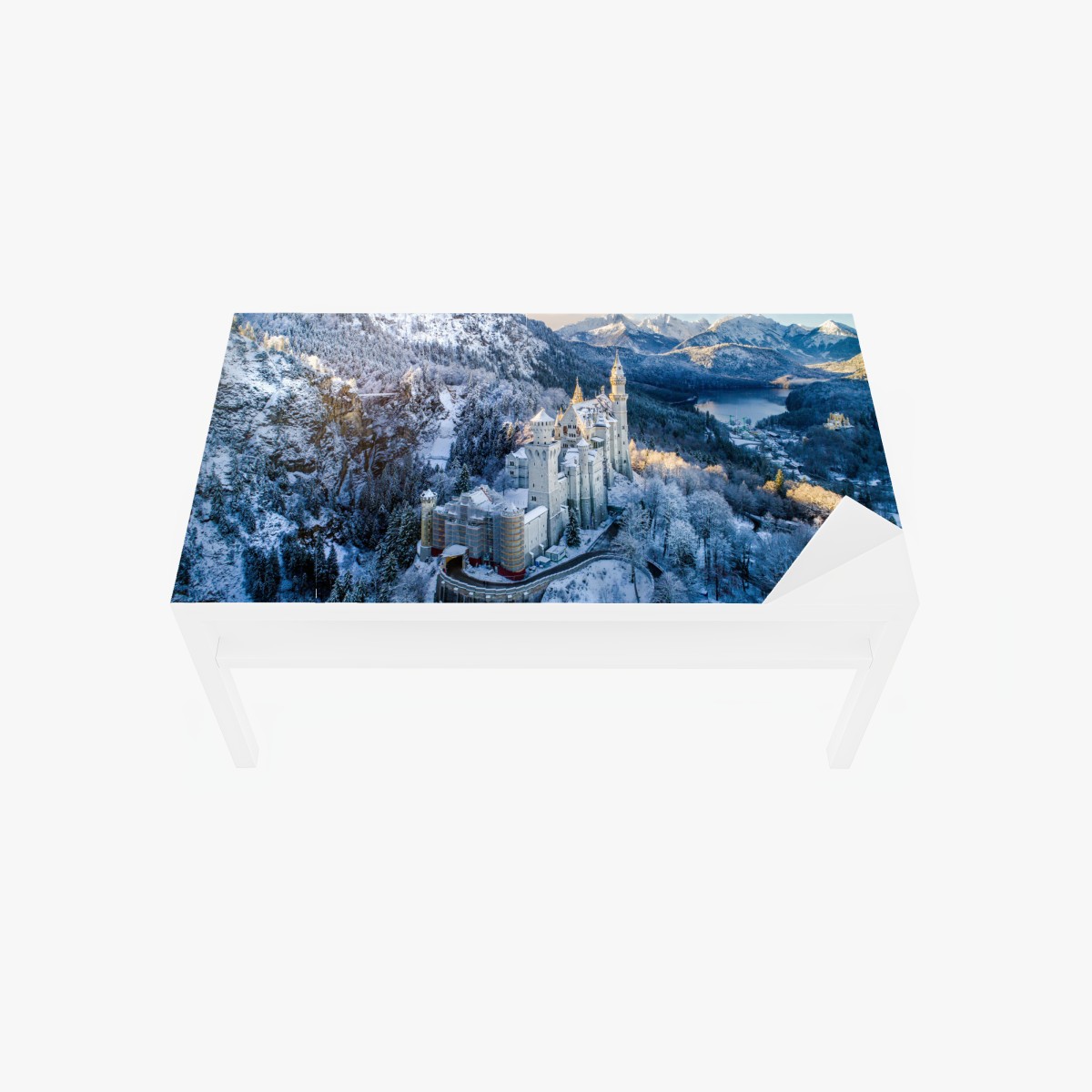 Table & desk veneer winter castle in snowy mountains