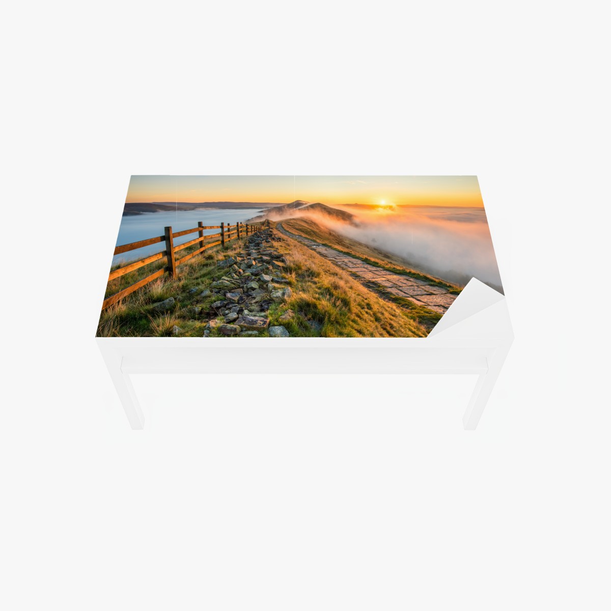 Table & desk veneer sunrise over a misty ridge with a stone path