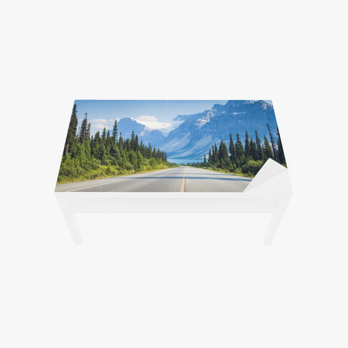Table & desk veneer road through pine forest to a glacier-fed mountain lake