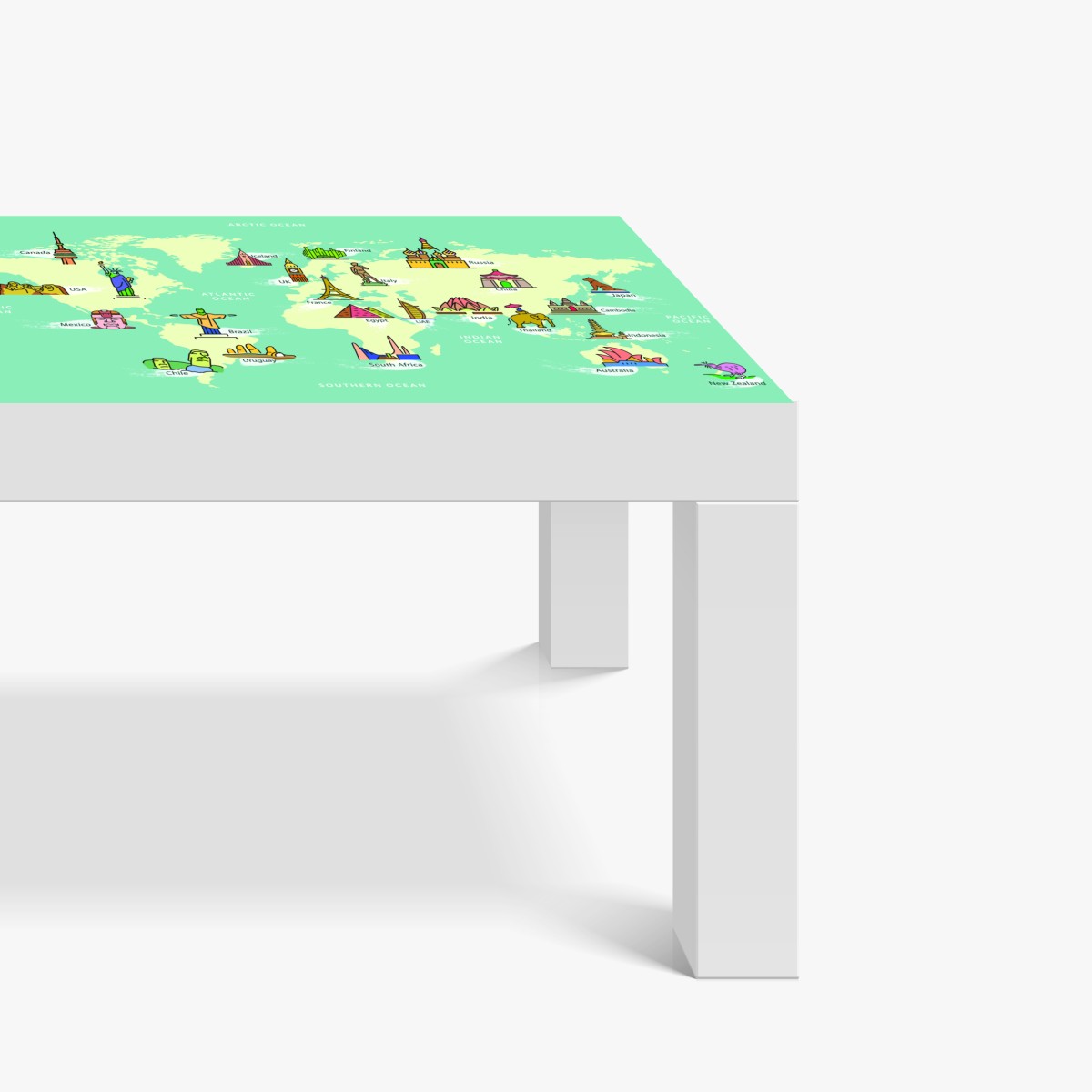 Naklejka na biurko i stół kolorowa ilustrowana mapa świata z zabytkami – Wallissimo® Naklejka na biurko i stół kolorowa ilustrowana mapa świata z zabytkami – Wallissimo®