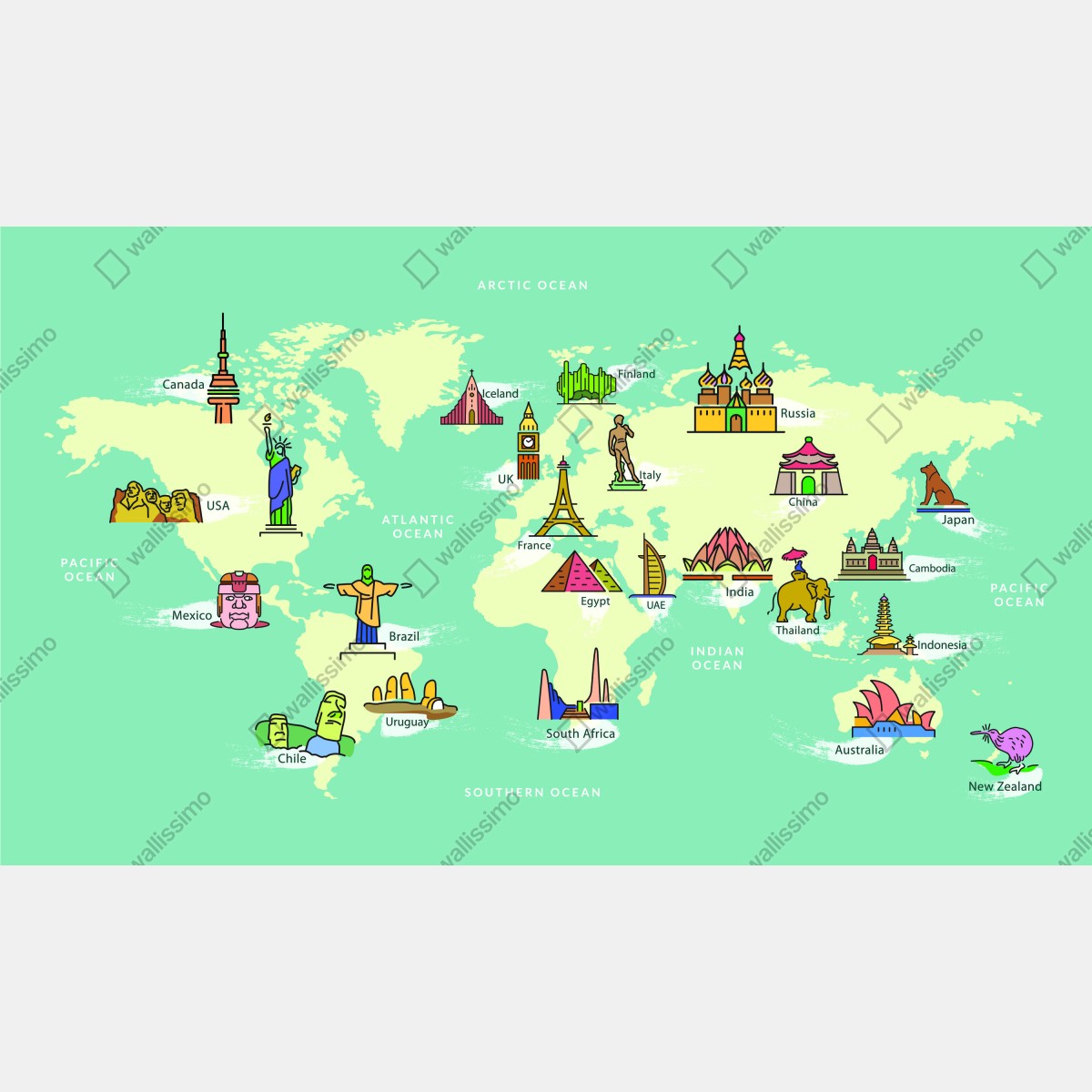 Naklejka na biurko i stół kolorowa ilustrowana mapa świata z zabytkami – Wallissimo® Naklejka na biurko i stół kolorowa ilustrowana mapa świata z zabytkami – Wallissimo®