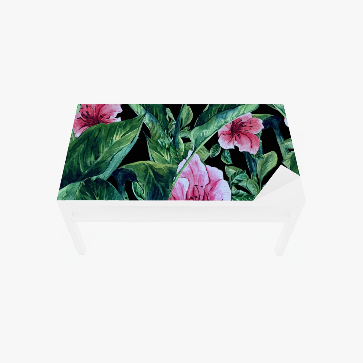 Table & desk veneer pink watercolor blooms on black background