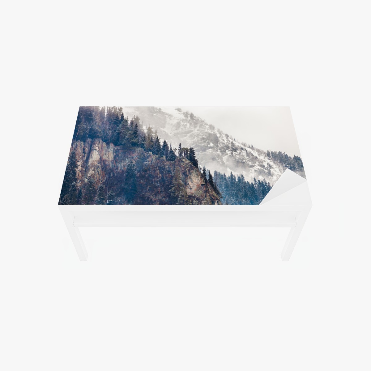 Table & desk veneer misty mountain cliff with pine forest