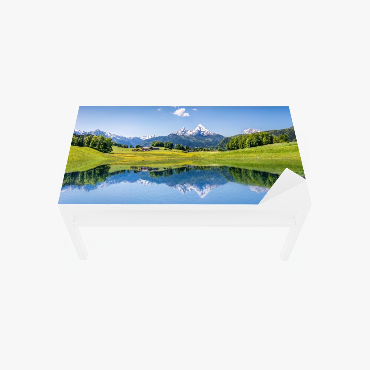 Table & desk veneer alpine peaks reflected in a tranquil lake