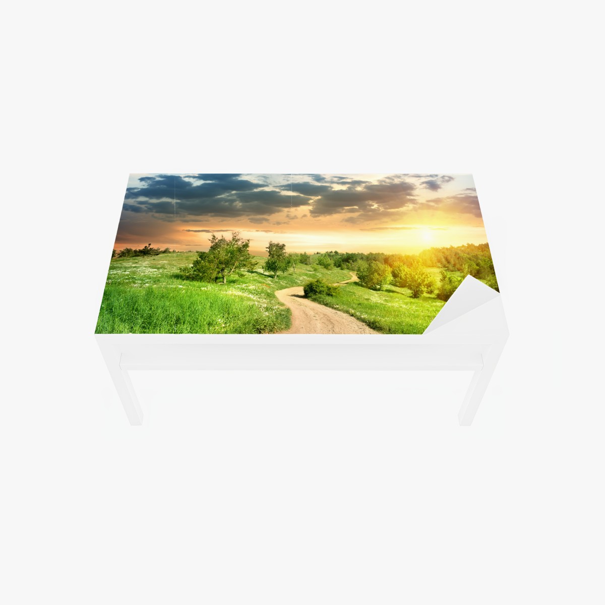 Table & desk veneer sunset country road through green meadow