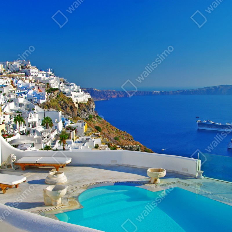 Naklejka na biurko i stół Santorini widok na morze z basenem – Wallissimo® Naklejka na biurko i stół Santorini widok na morze z basenem – Wallissimo®