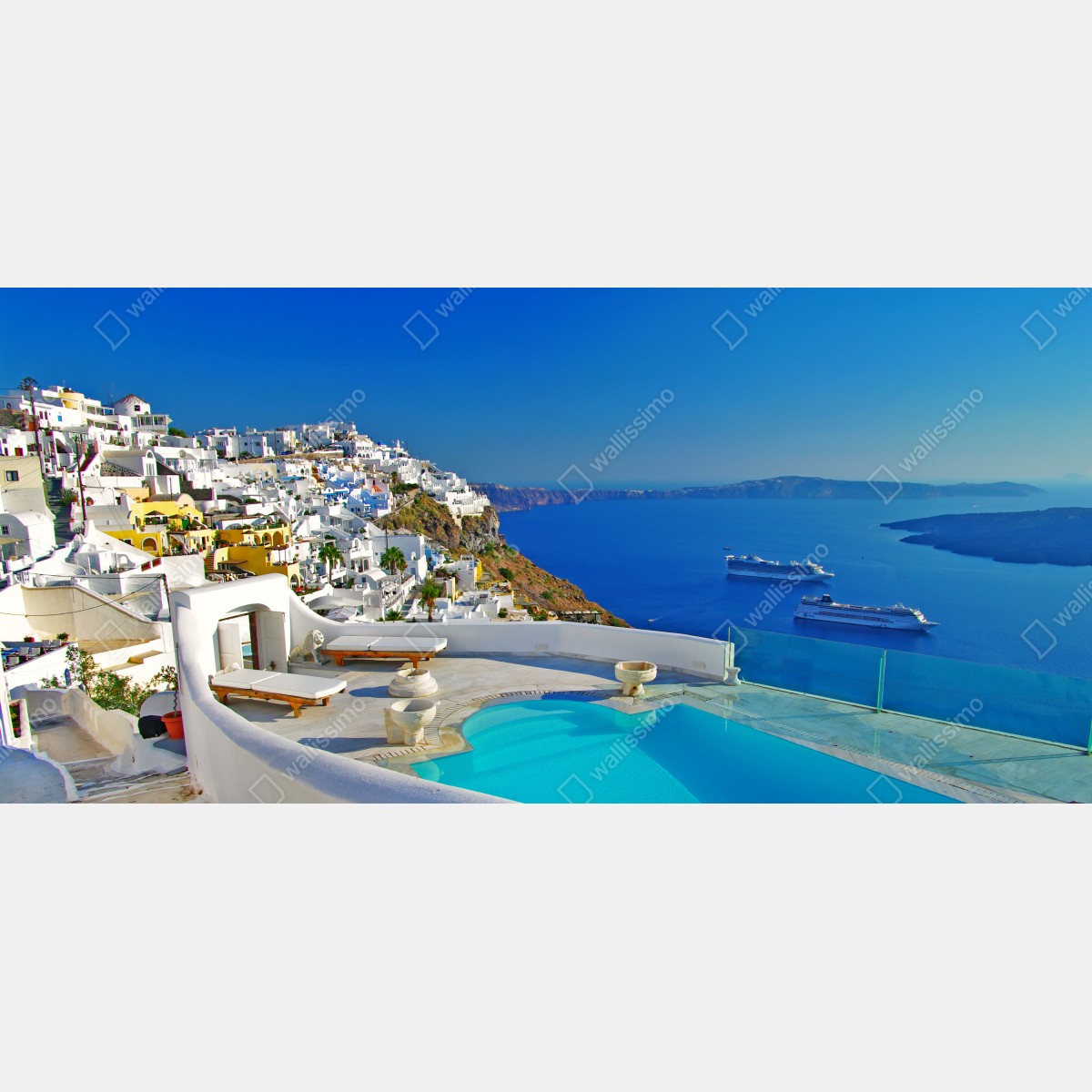 Naklejka na biurko i stół Santorini widok na morze z basenem – Wallissimo® Naklejka na biurko i stół Santorini widok na morze z basenem – Wallissimo®