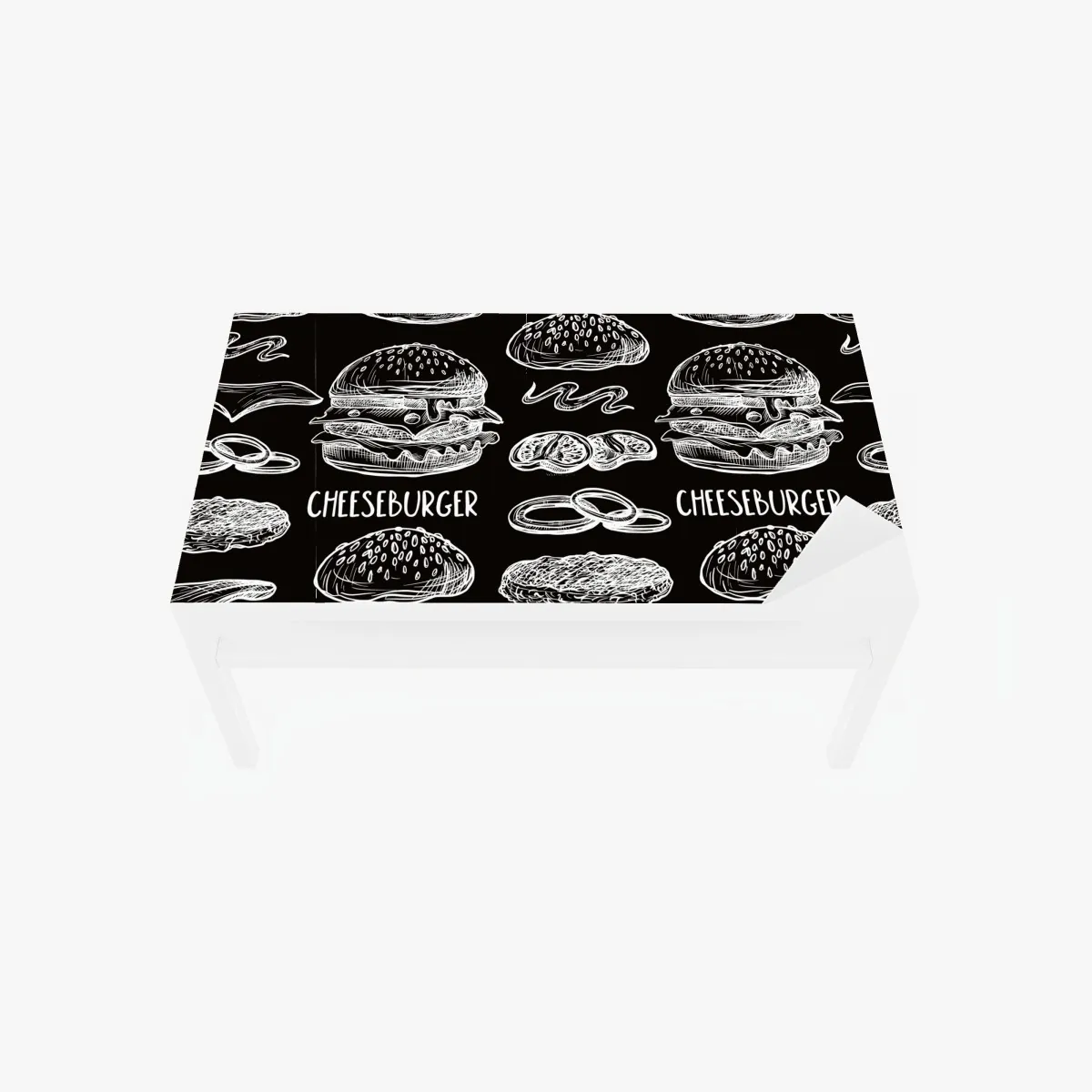 Naklejka na biurko i stół ręcznie rysowany wzór burgerów na czarnym tle – Wallissimo® Naklejka na biurko i stół ręcznie rysowany wzór burgerów na czarnym tle – Wallissimo®