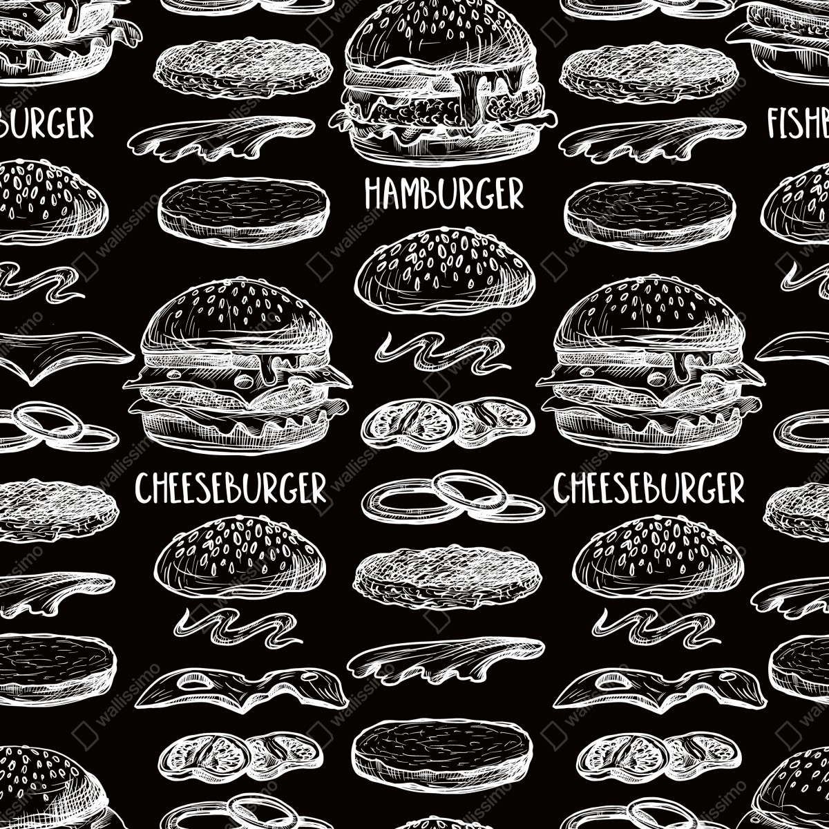 Naklejka na biurko i stół ręcznie rysowany wzór burgerów na czarnym tle – Wallissimo® Naklejka na biurko i stół ręcznie rysowany wzór burgerów na czarnym tle – Wallissimo®