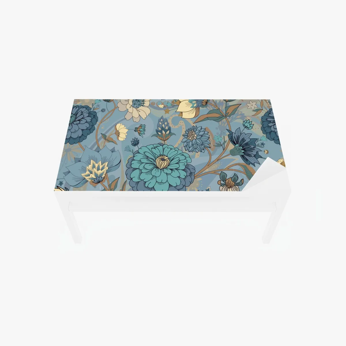 Naklejka na biurko i stół wzór kwiatowy w stonowanych niebiesko-beżowych odcieniach – Wallissimo® Naklejka na biurko i stół wzór kwiatowy w stonowanych niebiesko-beżowych odcieniach – Wallissimo®