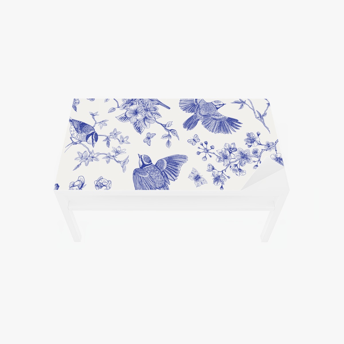 Table & desk veneer blue vintage bird and blossom pattern