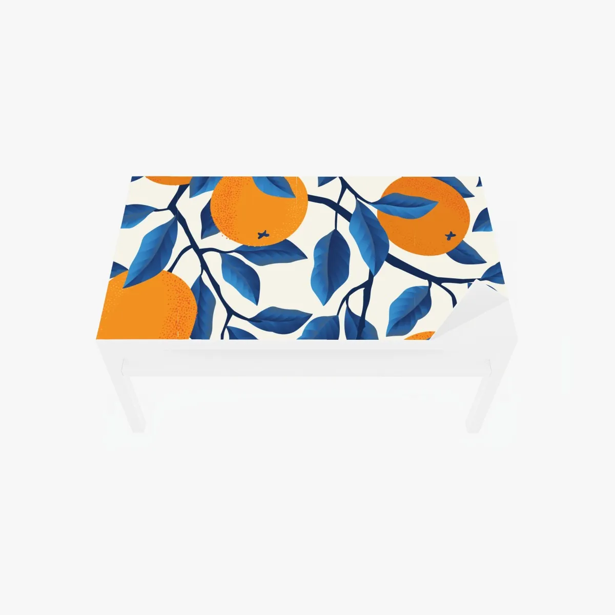 Naklejka na biurko i stół żywy wzór cytrusów w pomarańczach i niebieskich liściach – Wallissimo® Naklejka na biurko i stół żywy wzór cytrusów w pomarańczach i niebieskich liściach – Wallissimo®