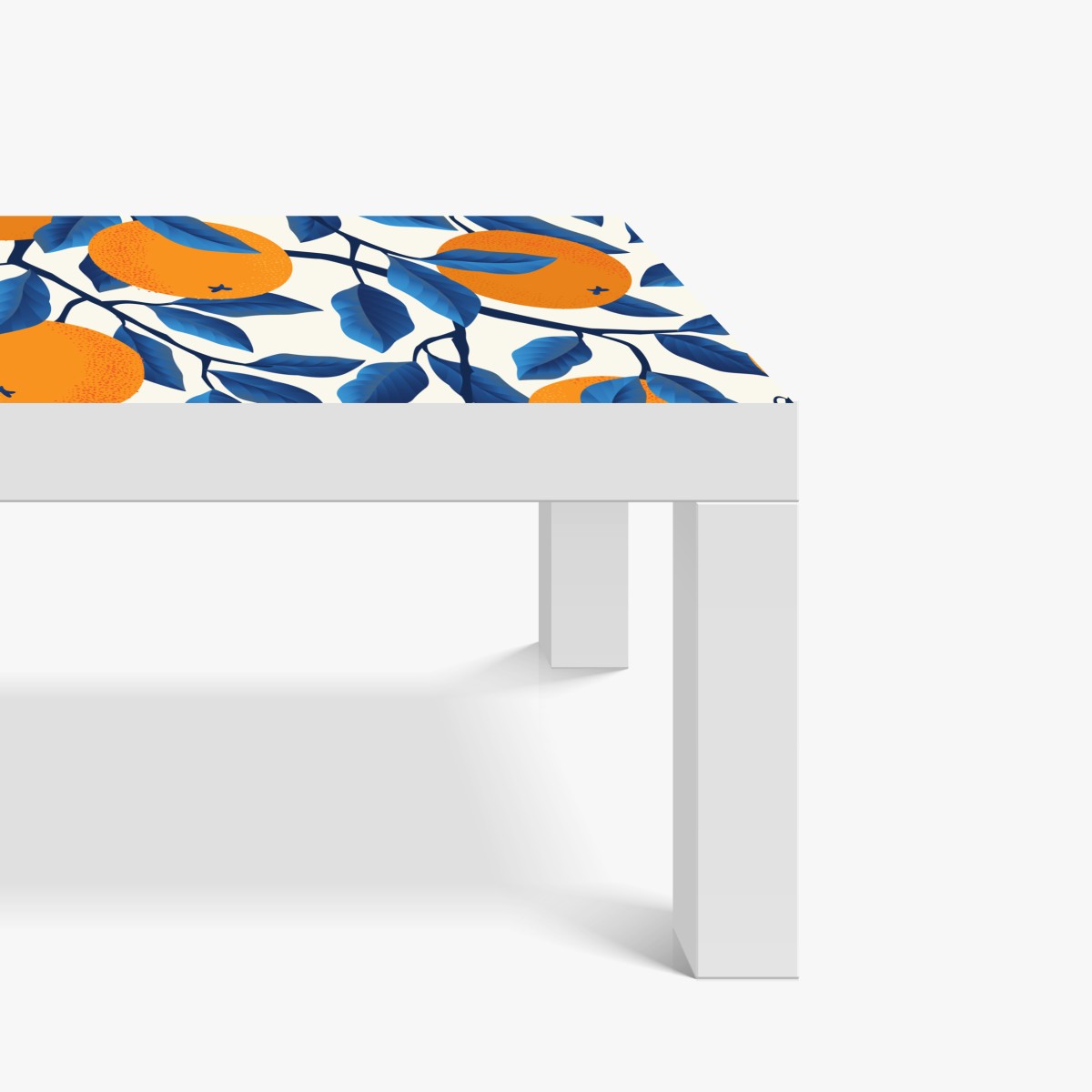 Naklejka na biurko i stół żywy wzór cytrusów w pomarańczach i niebieskich liściach – Wallissimo® Naklejka na biurko i stół żywy wzór cytrusów w pomarańczach i niebieskich liściach – Wallissimo®