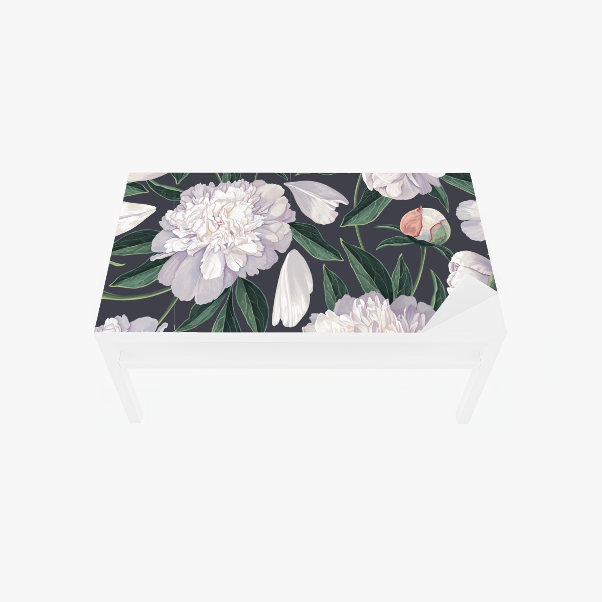 Table & desk veneer white peony floral pattern on charcoal background