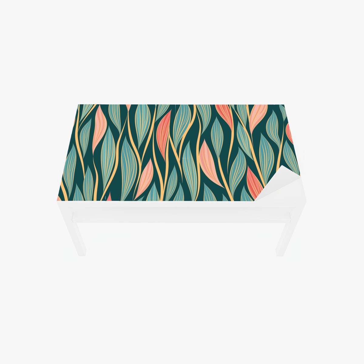 Table & desk veneer botanical leaf pattern in teal and coral