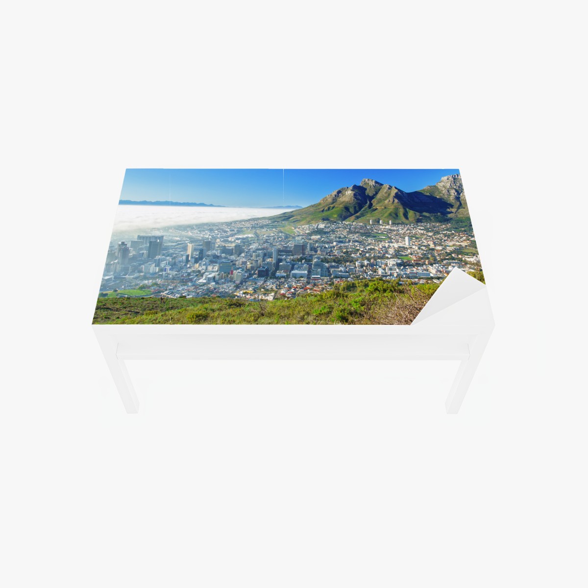Table & desk veneer city skyline with mountains and blue sky