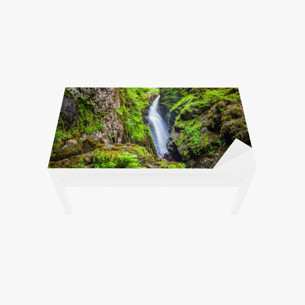 Table & desk veneer mossy gorge waterfall with stone bridge