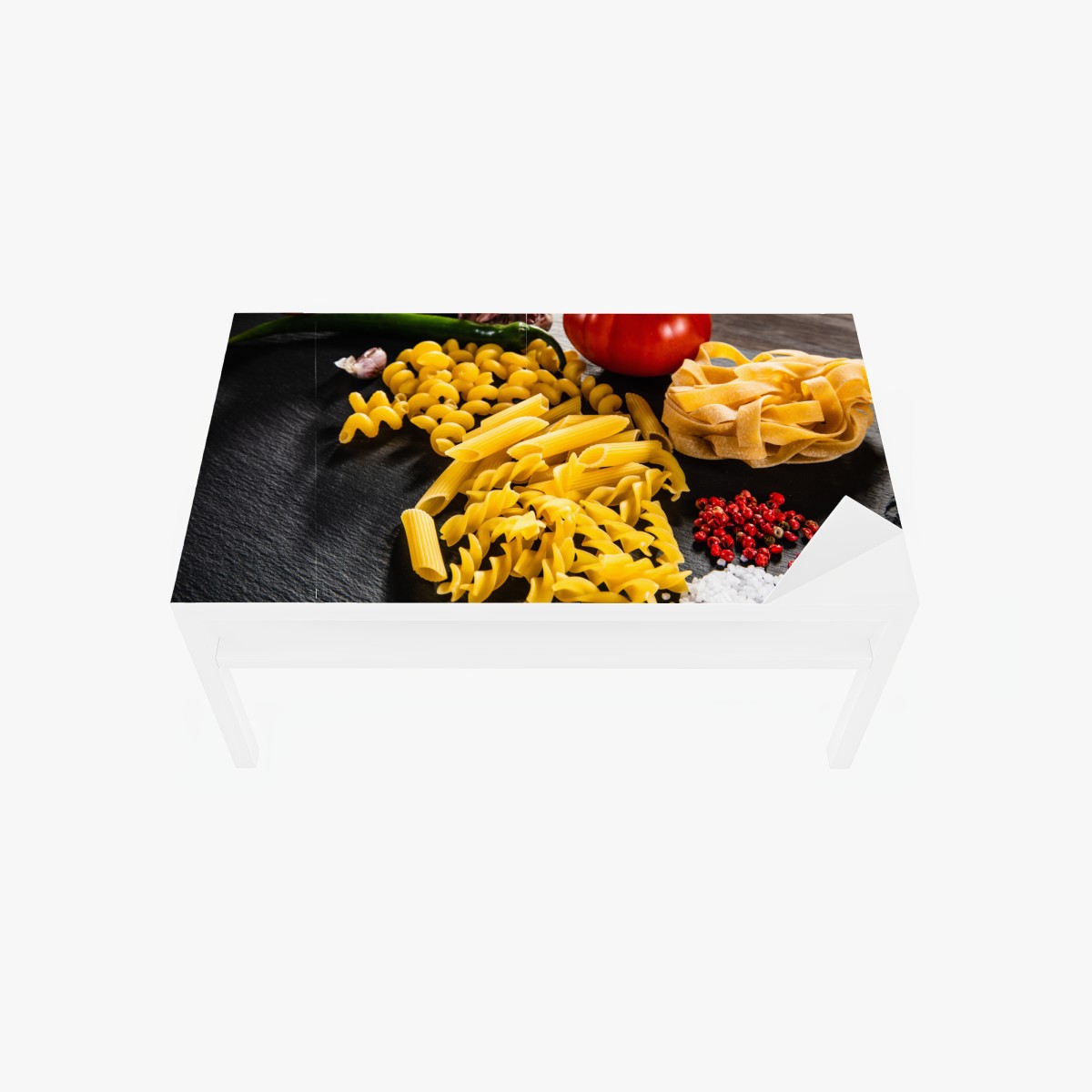 Table & desk veneer assorted dry pasta and fresh ingredients