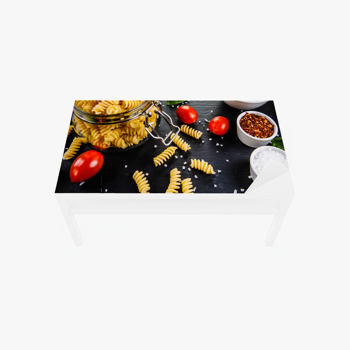 Table & desk veneer pasta ingredients flat lay with tomatoes and basil