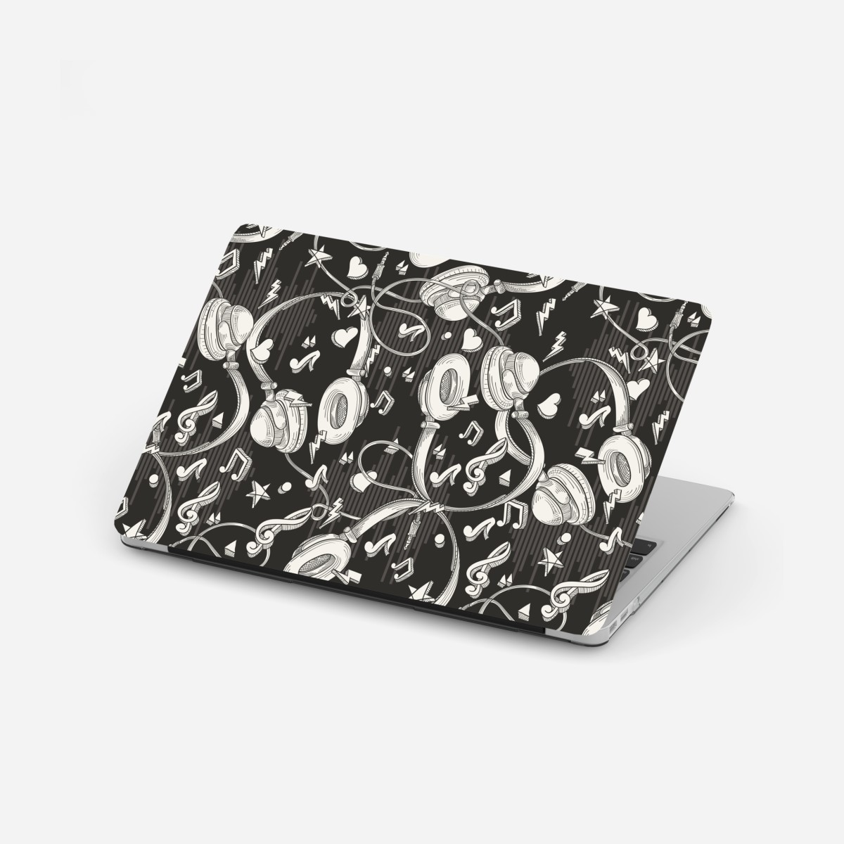Laptop sticker monochrome headphones and music notes pattern