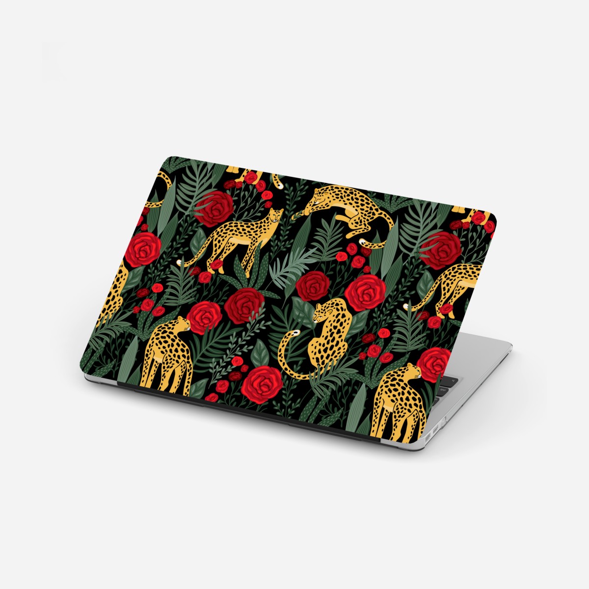 Laptop sticker golden leopards and red roses pattern