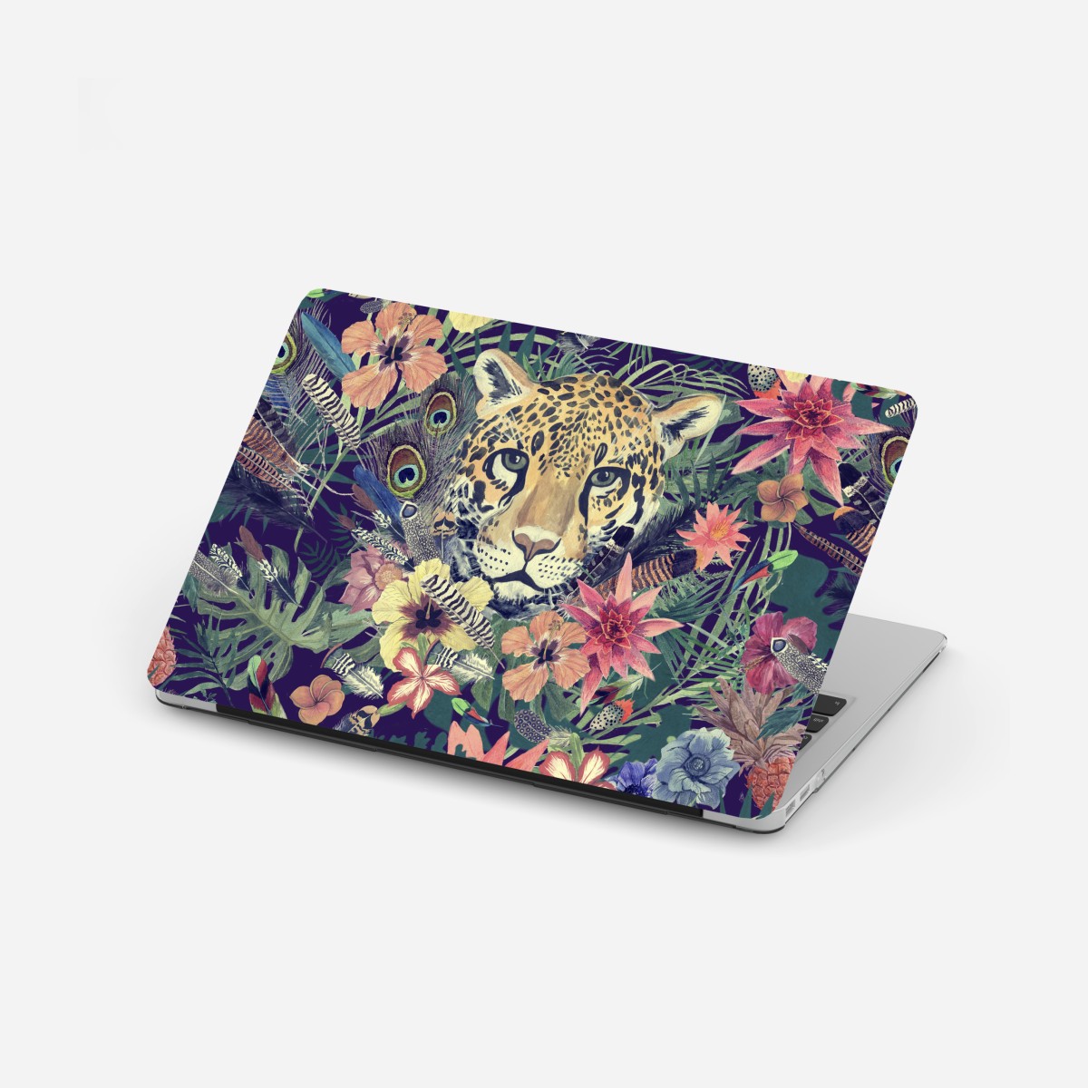 Laptop sticker vintage watercolor leopard in tropical foliage