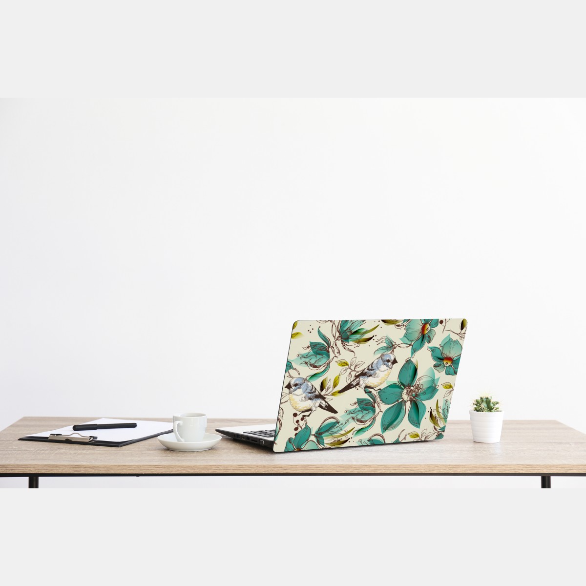Naklejka na laptopa retro miętowy wzór kwiatów i ptaków – Wallissimo® Naklejka na laptopa retro miętowy wzór kwiatów i ptaków – Wallissimo®