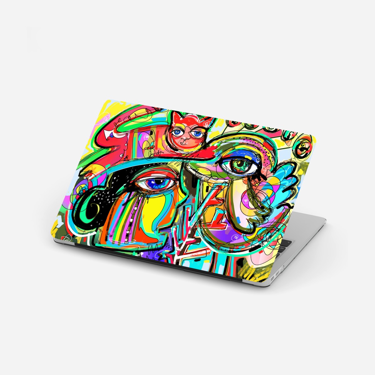Laptop sticker vibrant abstract faces with cat and bird