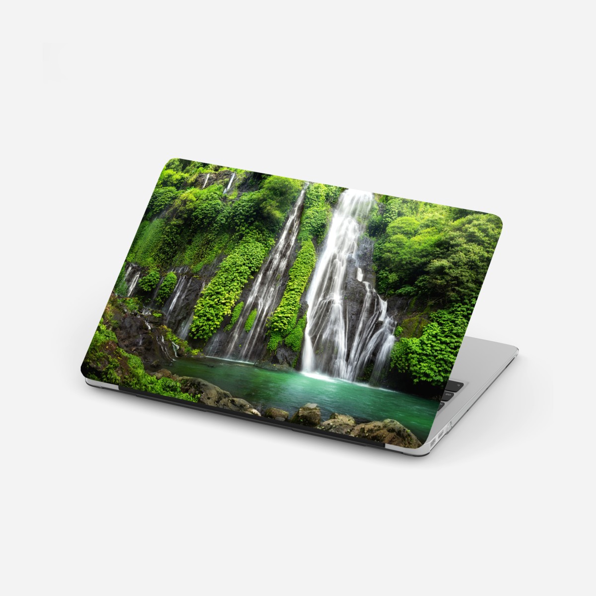 Laptop sticker serene waterfall in emerald forest