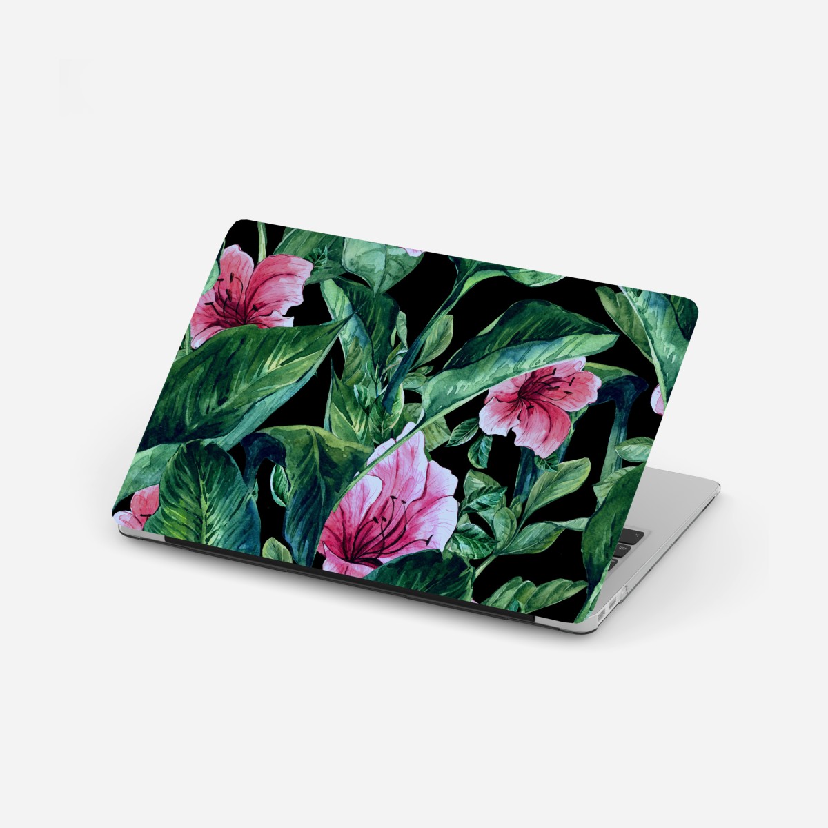 Laptop sticker pink watercolor blooms on black background
