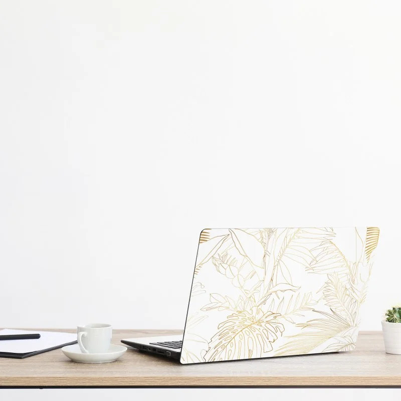 Naklejka na laptopa złote tropikalne liście line art – Wallissimo® Naklejka na laptopa złote tropikalne liście line art – Wallissimo®