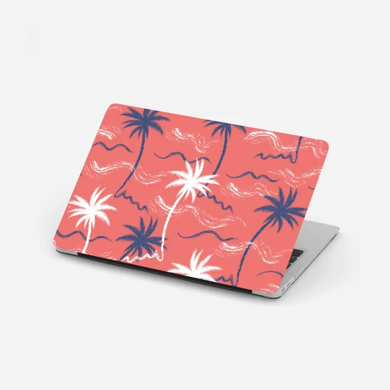 Naklejka na laptopa tropikalny wzór palm w kolorze koralowym i granatowym