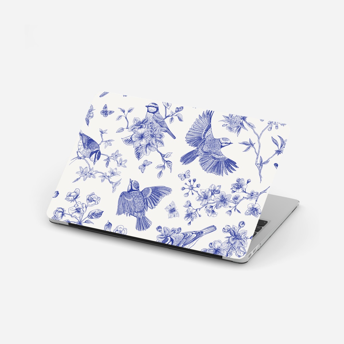 Laptop sticker blue vintage bird and blossom pattern