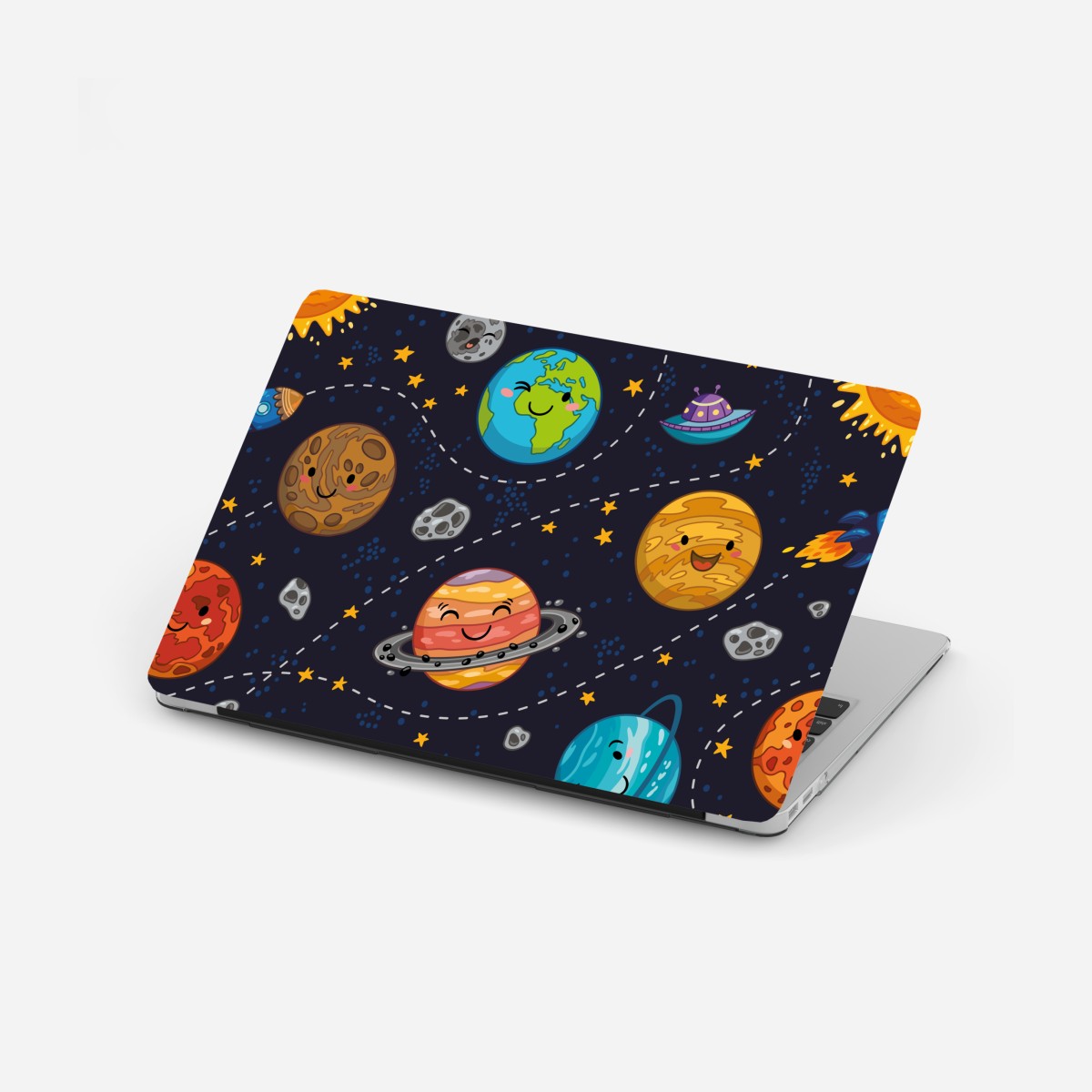 Laptop sticker smiling planets in playful space pattern